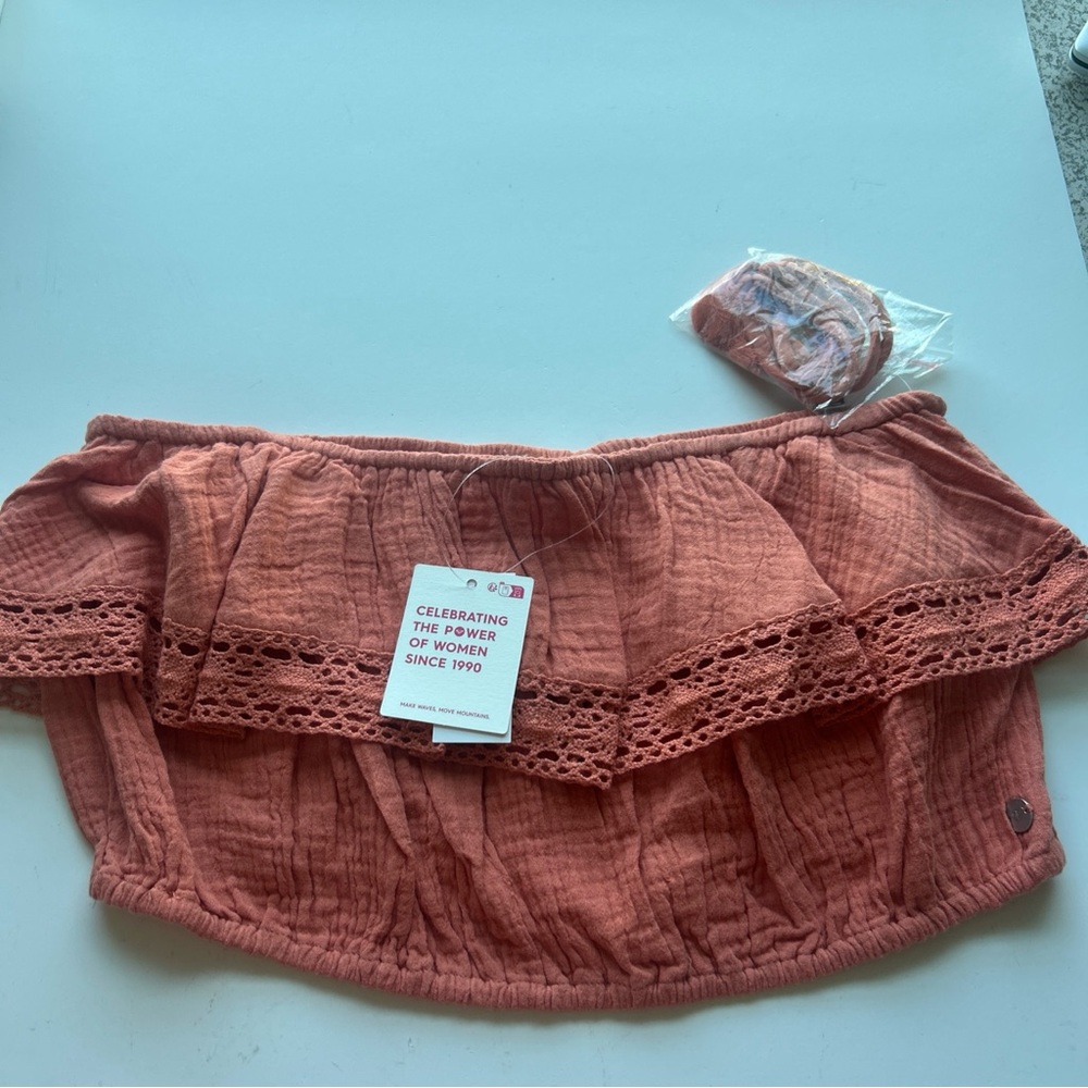 Roxy Terracotta Off-Shoulder Top with Crochet Detail